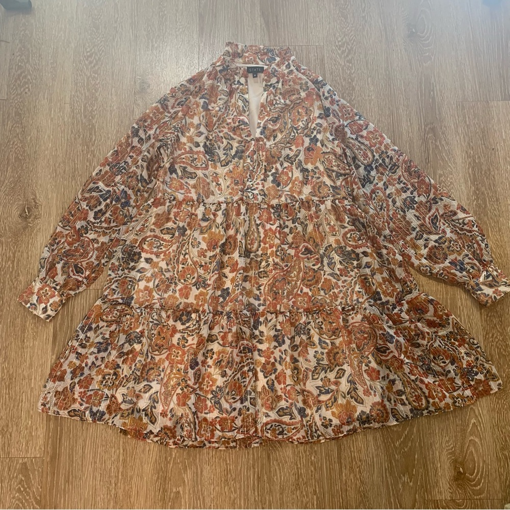 Floral Tiered Tunic Dress - Rust, Cream & Navy size M